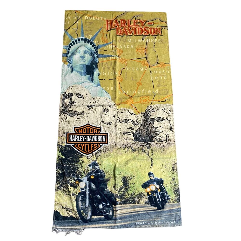 Vintage 2003 Harley Davidson Motorcycles Beach Towel Landmarks Map Biker 27x54